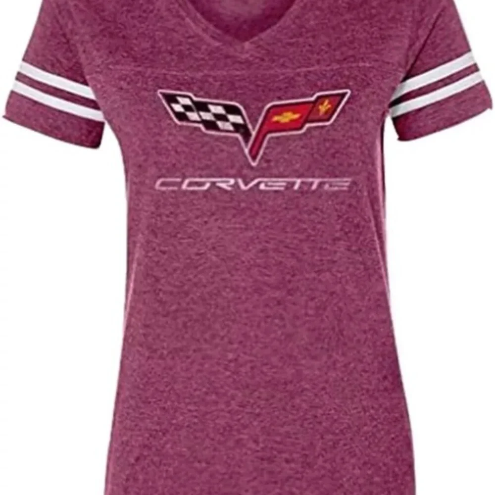 Joe Blow's T's Chevrolet Corvette Logo Striped Sleeve Women's V-Neck - Picture 3 of 3